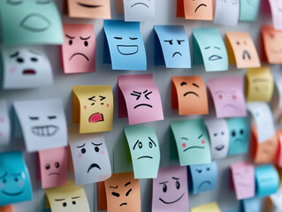 Colorful sticky note grid with mixed emotions, fun expressive wall.