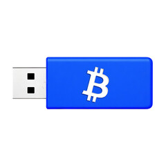 Obraz premium Digital currency, data, secure storage, investment, virtual assets, crypto A modern blue USB drive featuring a Bitcoin symbol.