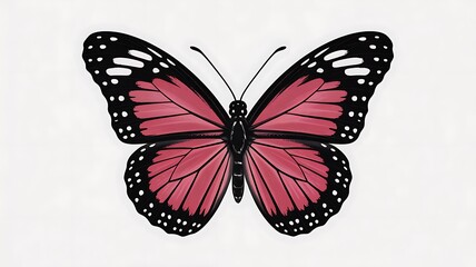 Close up of a beautiful pink and black butterfly with white spots on a white background