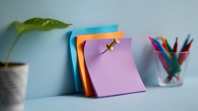 Stacked colorful notes pinned with golden tack near plant and pens paper purple