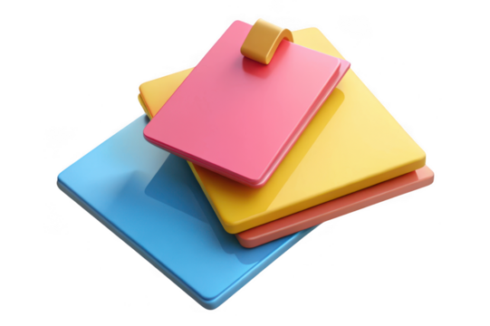 Colorful stacked rectangular shapes with a gold clip isolated on transparent background