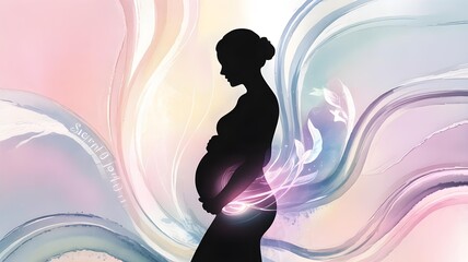 Pregnant Woman Silhouette with Ethereal Glow and Pastel Abstract Background