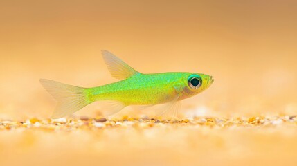 Vibrant Green Neon Tetra Fish in Aquarium. Close up of a small, bright green fish swimming in a clear aquarium with a sandy bottom. Ideal for aquarium, pet, nature, and aquatic themes.