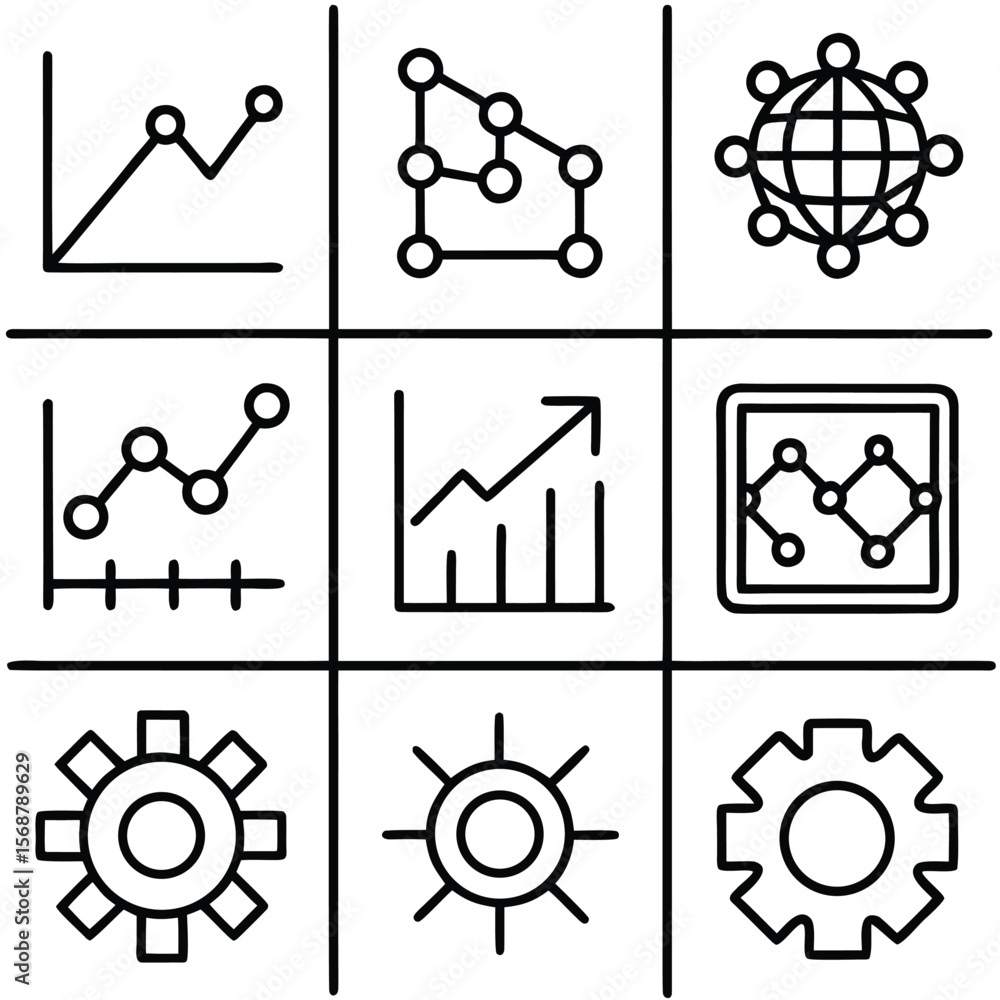 Poster business icons graphs network gears chart data