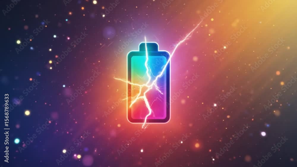Poster energetic battery with lightning strikes animated on cosmic background visual effects