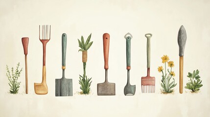 Watercolor garden implements arranged with sprouting plants and flowers