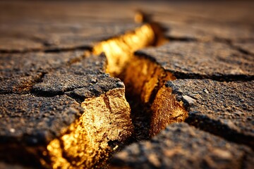 Cracked earth reveals golden layers during drought in a dry landscape under bright sunlight
