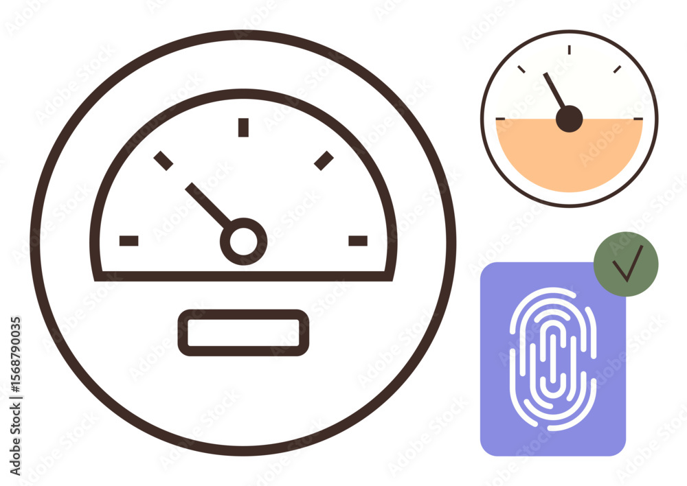 Poster speedometer gauge with pointer, verified fingerprint icon marked with green check, and scale concept