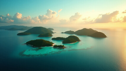 Obraz premium Golden light bathes the tranquil sea, reflecting the vibrant sky from sunrise to sunset over a serene coastal landscape