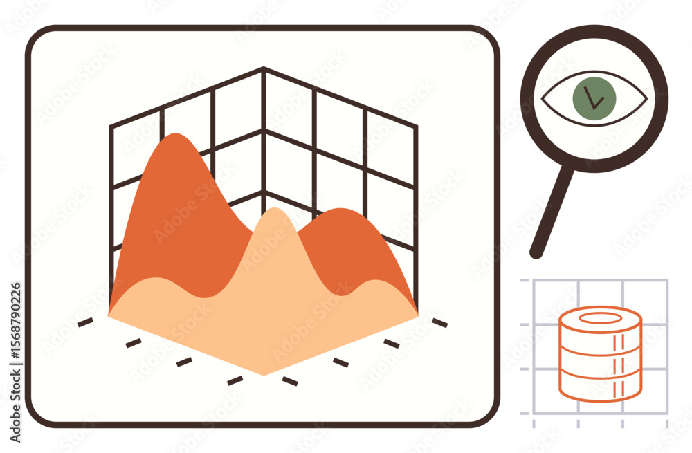 Poster 3d graph with peaks, magnifying glass with eye, database chart. ideal for analytics, research, data 