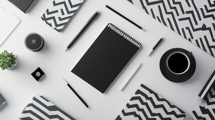 Minimalist workspace composition with geometric patterns and monochrome office supplies
