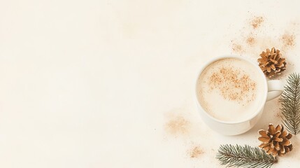 Warm Winter Coffee Drink with Pine Cones and Fir Branches. Cozy Christmas or Holiday Season Concept
