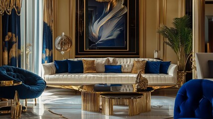 Opulent Living Room Interior with Gold Accents and Royal Blue Velvet
