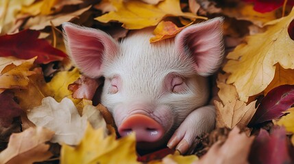 Autumnal slumber, A piglet nestled amidst vibrant fall foliage beauty