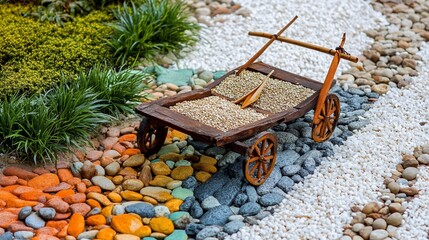 Artistic miniature wooden cart filled with natural grains in a garden