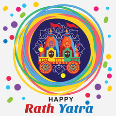 Vibrant and festive Rath Yatra procession with decorated chariots, devotees, and traditional fervor.