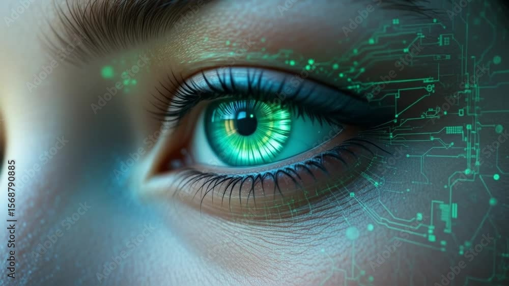 Poster futuristic green eye with digital interface blinking animation sequence, high tech concept