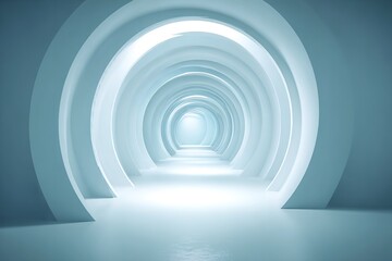 Illuminated tunnel with circular arches creating depth and perspective in a serene, modern environment