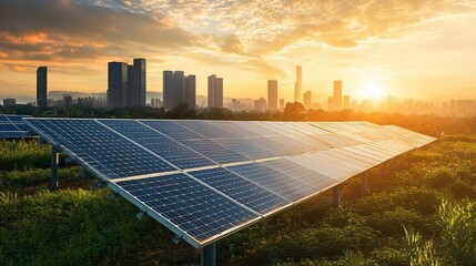 Sustainable energy harmony, solar panels against a cityscape at sunrise