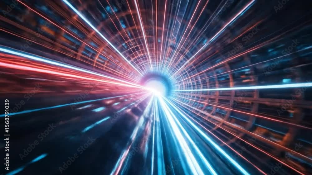 Poster futuristic tunnel with glowing light streaks and abstract geometric patterns in motion