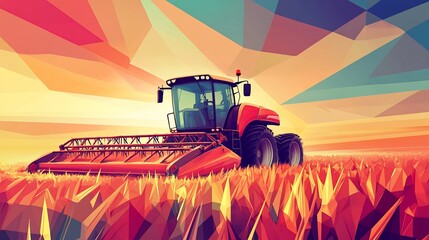 Geometric abstraction capturing a modern harvester at work in golden fields