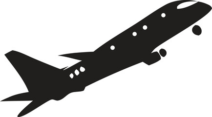 Airplane Ascending: A sleek black silhouette of an airplane takes flight, soaring upwards with determined momentum against an undefined backdrop. Symbol of travel and adventure.