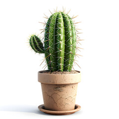 Cactus Plant in Pot with Spiky Green Arms and Sandy Soil Isolated on Transparent or White Background, PNG
