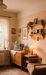 Cozy Nostalgia: Vintage Living Room Corner with Retro Television, Wooden Furniture, and Warm Lighting Evoking a Sense of Comfort and Simplicity