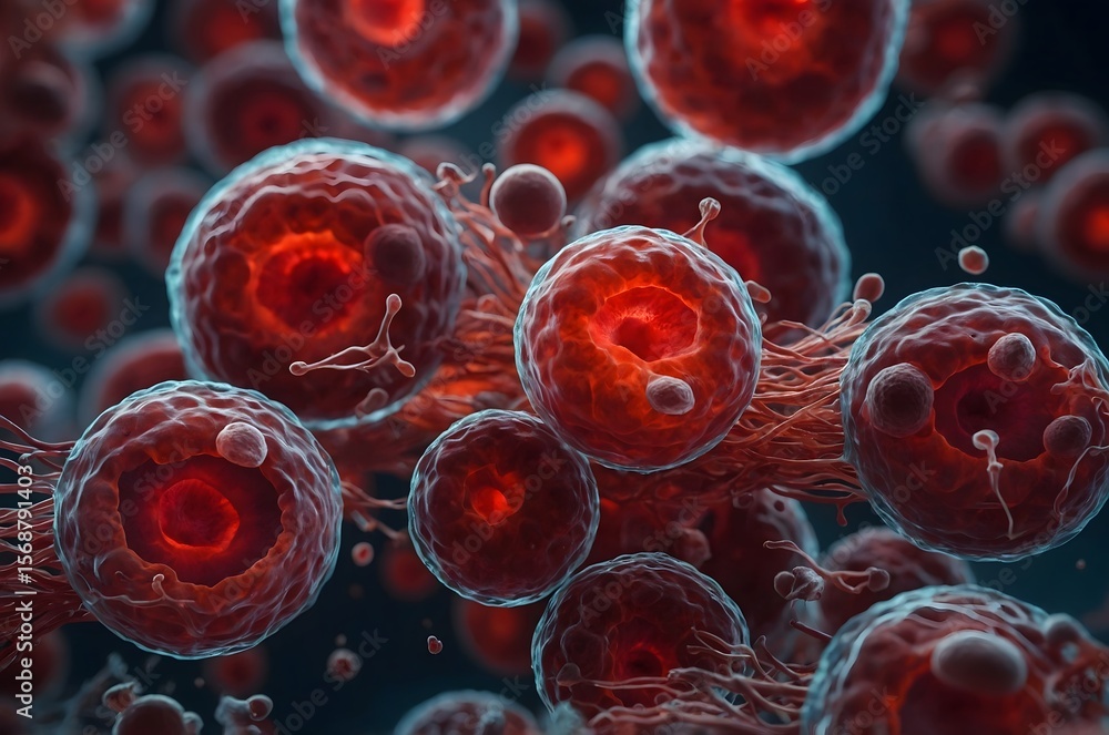 Poster a microscopic view of cell structures with red and orange hues and a dark blue background shade
