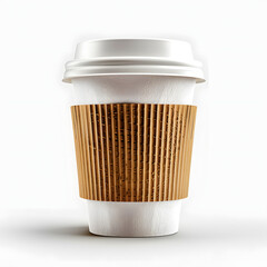 Disposable Coffee Cup with Lid and Sleeve Takeaway Style Isolated on Transparent or White Background, PNG