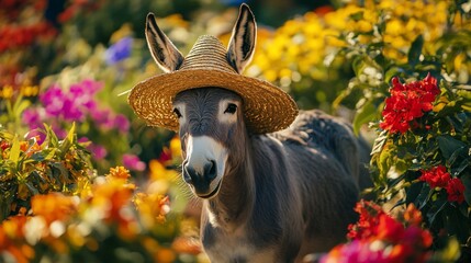 Charming donkey with a straw hat amidst vibrant floral blossoms