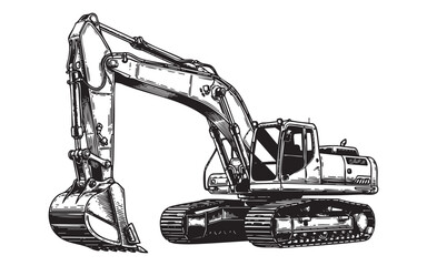 Excavator and Workers at Construction Site Vector Engraving