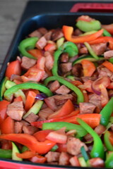 Sausages and Vegetables – Fresh Ingredients for Cooking Lecsó, a Traditional Central European Dish