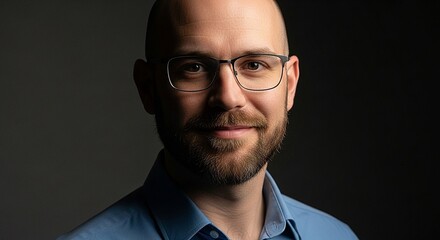 Smiling Bald Man with Beard and Glasses on Black Background