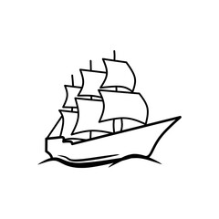 Black line icon of a classic sailing ship with multiple sails. Vintage style vector illustration perfect for nautical themes, maritime design, and historical concepts