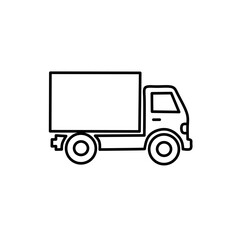 line icon of a box delivery truck in black outline style. Simple and clean transport vehicle illustration for logistics, shipping, and commercial design concepts