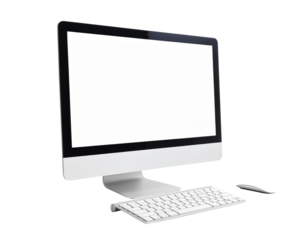Modern Desktop Computer with Wireless Keyboard, Angled Side View, Isolated on White Background PNG