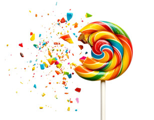 Fototapeta premium Broken Colorful Lollipop with Candy Shards Scattered White Background PNG