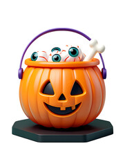Fototapeta premium Festive Halloween Pumpkin Bucket, Overflowing with Spooky Eyeballs and a Bone – A Delightful Treat for Autumn Celebrations