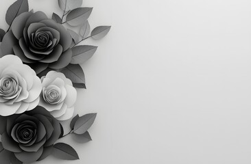 Minimalist 3D bouquet of black and white roses with leaves placed to the right, isolated on a plain surface, shown from above with ample surrounding white space.


