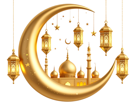 Elegant Ramadan Crescent with Hanging Lantern and Mosque Dome, Transparent PNG - Powered by Adobe