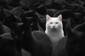 Unique white cat stands out among a crowd of black cats in a mysterious, shadowy setting