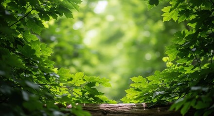 Fototapeta premium Natural soft green background with leaves, sunlight through forest, eco textures like paper and wood, calm and clean atmosphere