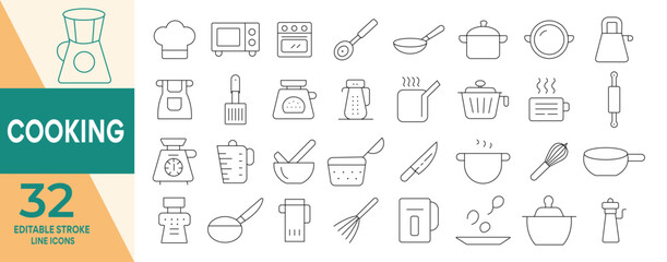 Cooking And Kitchen icon set, Editable Stroke line cooking and flavor enhancers: hand sprinkling, spoon, frying pan, spatula flip, tongs grip, egg cracked, toaster and more Vector illustration