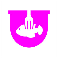 Food logo design that combines the letter u with a fish and fork, using the color purple.