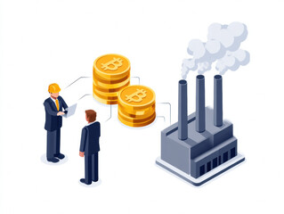 Two business professionals discuss cryptocurrency mining near a factory emitting smoke, with Bitcoin coins symbolizing digital currency generation.