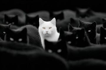 Unique white cat stands out among a group of black cats in a striking contrast setting