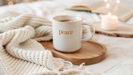 Minimal Ceramic Mug With Peace Lettering on Side Placed on Soft Surface for Calm Lifestyle Visual