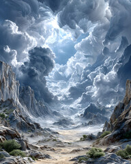 moody storm landscapes Majestic clouds above rocky mountains and valley. epic rainy skies emotional weather scenes