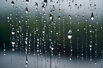Close up view of water droplets clinging to a window pane with a blurred background visible outside